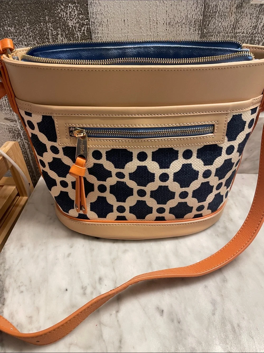 Spartina 449 Navy, Tan & Orange Geometric Crossbody